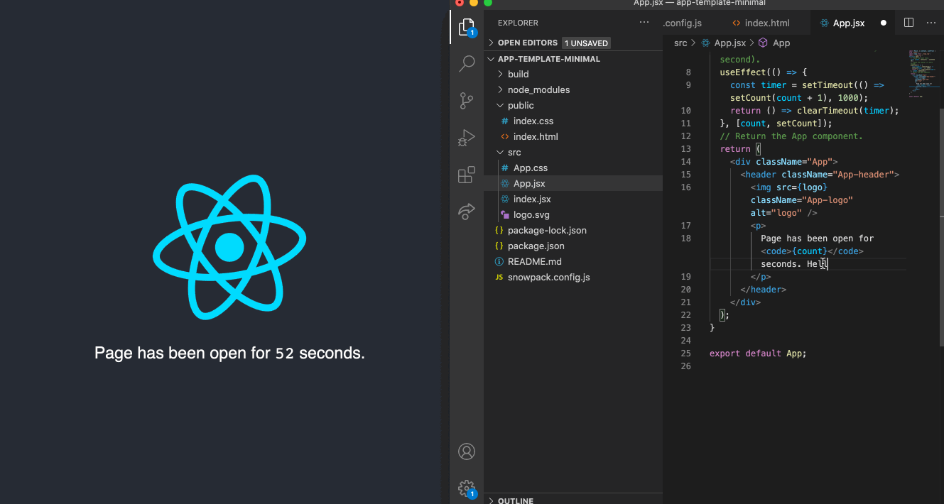 GIF showing code side by side with the app. A change in made to App.jsx and it shows immediately when the file is changed. The counter keeps counting uninterrupted.